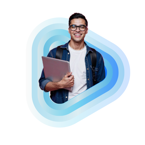 Imagem mulher segurando livro, com mochila nas costas.